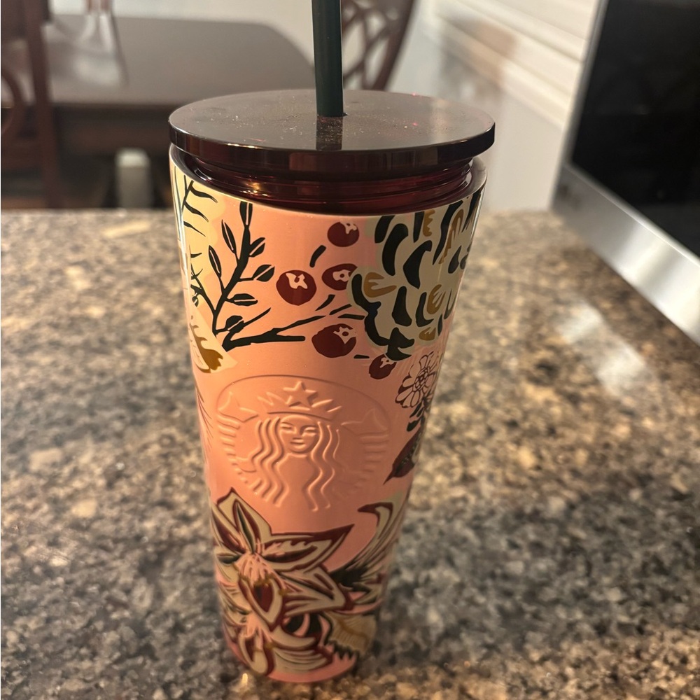 Starbucks Pink Floral Tumbler with Dark Lid